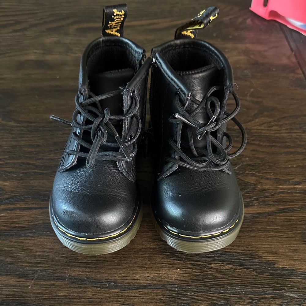 Dr. Martens Kids Black Leather Lace-Up Boots with Yellow Stitching